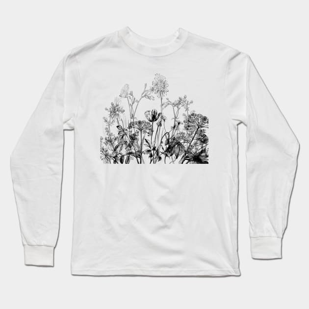 Black White Wild Flowers Botanical Pattern Illustration Vintage Long Sleeve T-Shirt by Bramblier